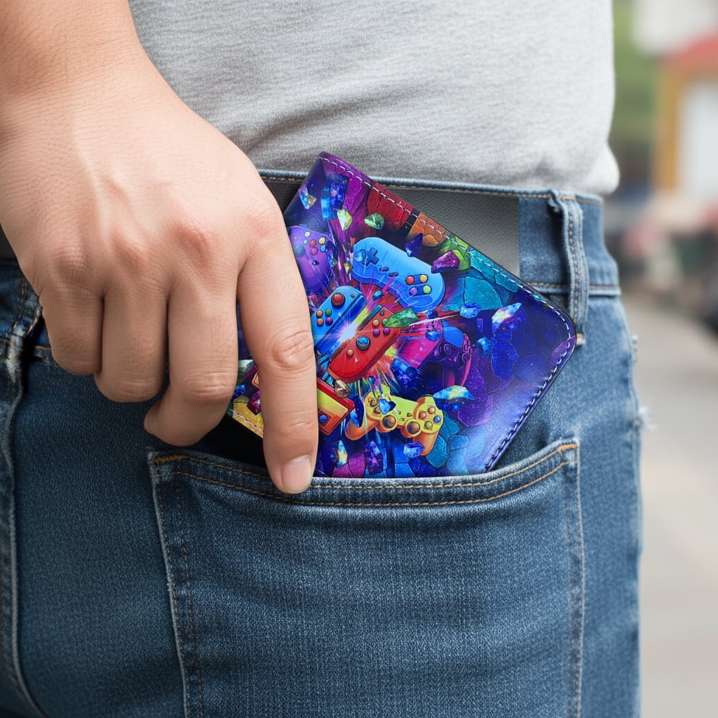 RFID Blocking Bifold Wallet for Men, Slim Leather Credit Card Holder with ID Window - Colorful Gaming Controller - Image 5