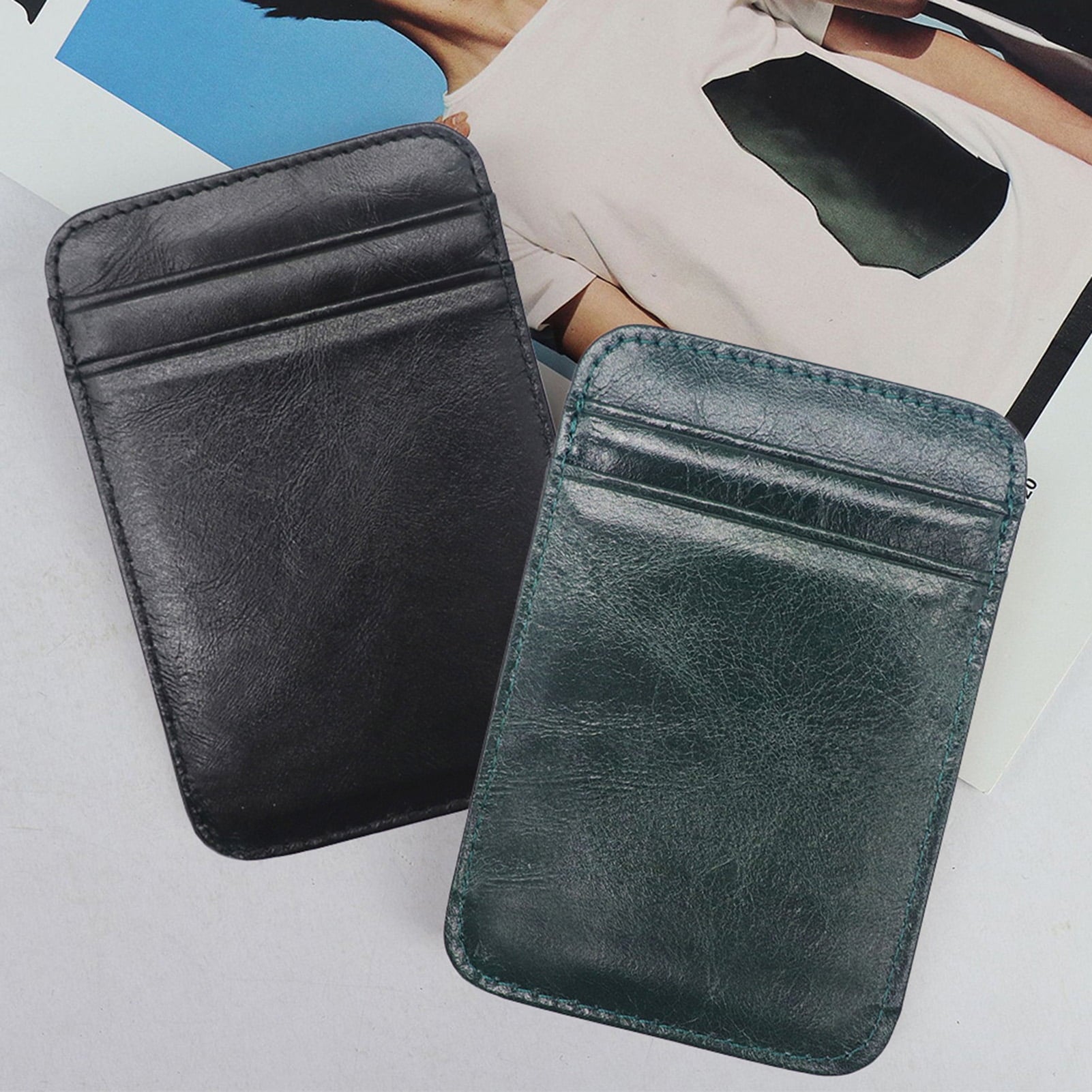 Card Holder Slim Small Wallet Faux Leather Solid Color Driver's License Credit Card Case Business Use Black - Image 5