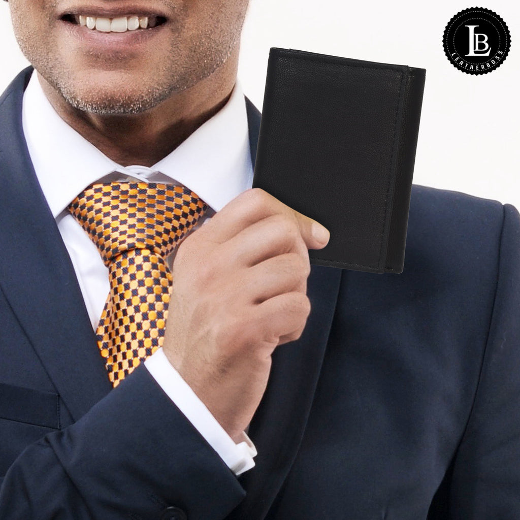 100% Leather Tri-fold Credit Card Mens Wallet Black 961107 (C) - Image 5