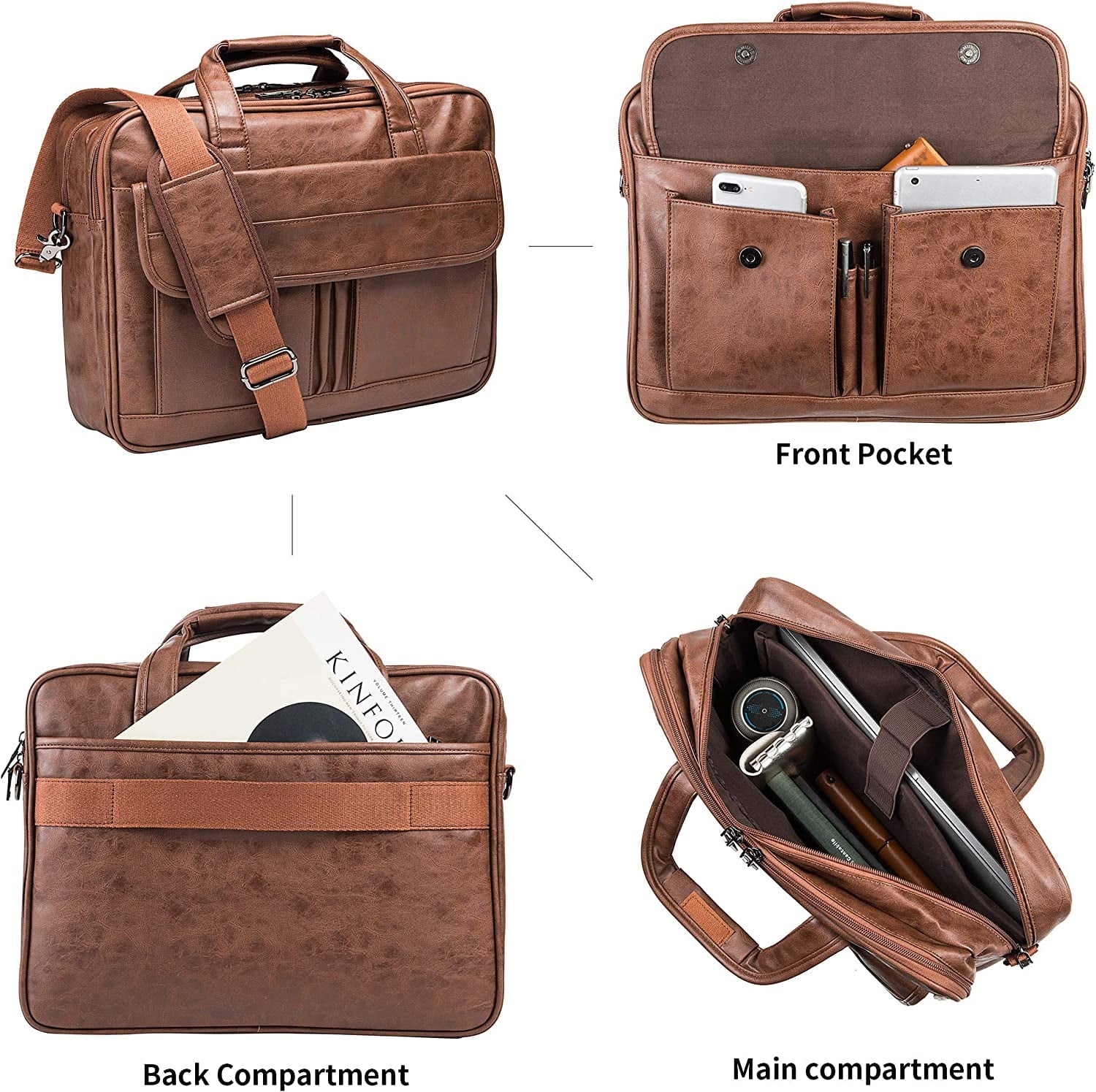 Men's Leather Messenger Bag, 17.3 Inches Laptop Briefcase Business Satchel Computer Handbag Shoulder Bag for Men (Black) - Image 5