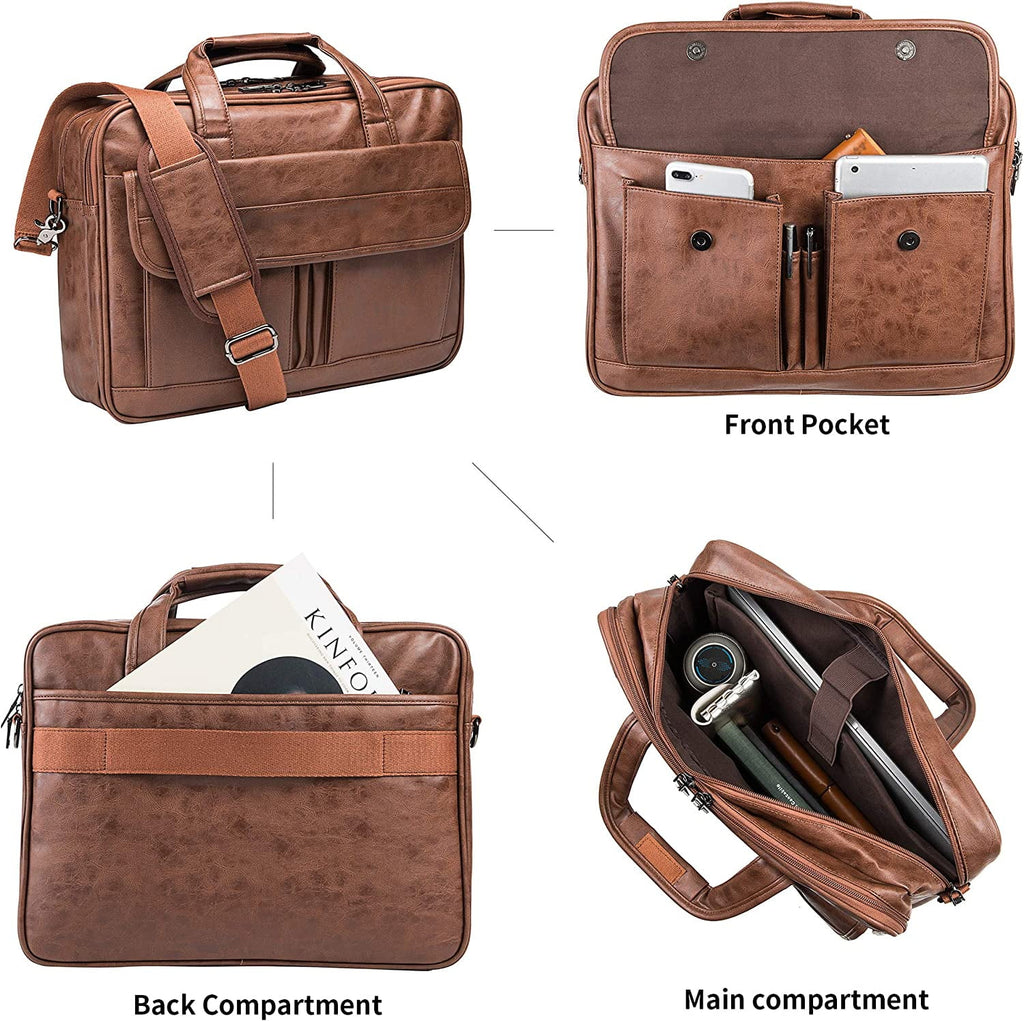 Men's Leather Messenger Bag, 17.3 Inches Laptop Briefcase Business Satchel Computer Handbag Shoulder Bag for Men (Black) - Image 5