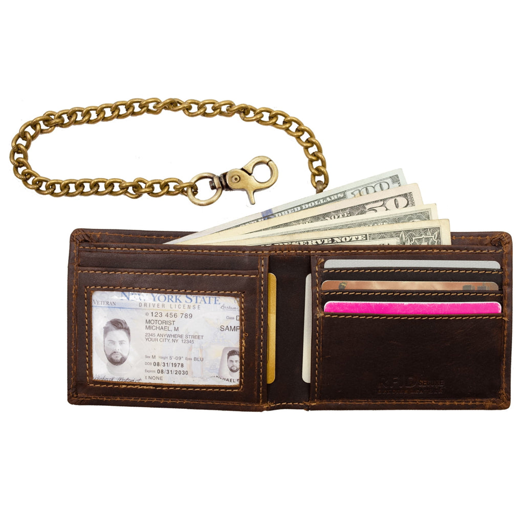 Men Biker Long Chain Trifold Wallet in Vintage Hunter Leather - Image 2