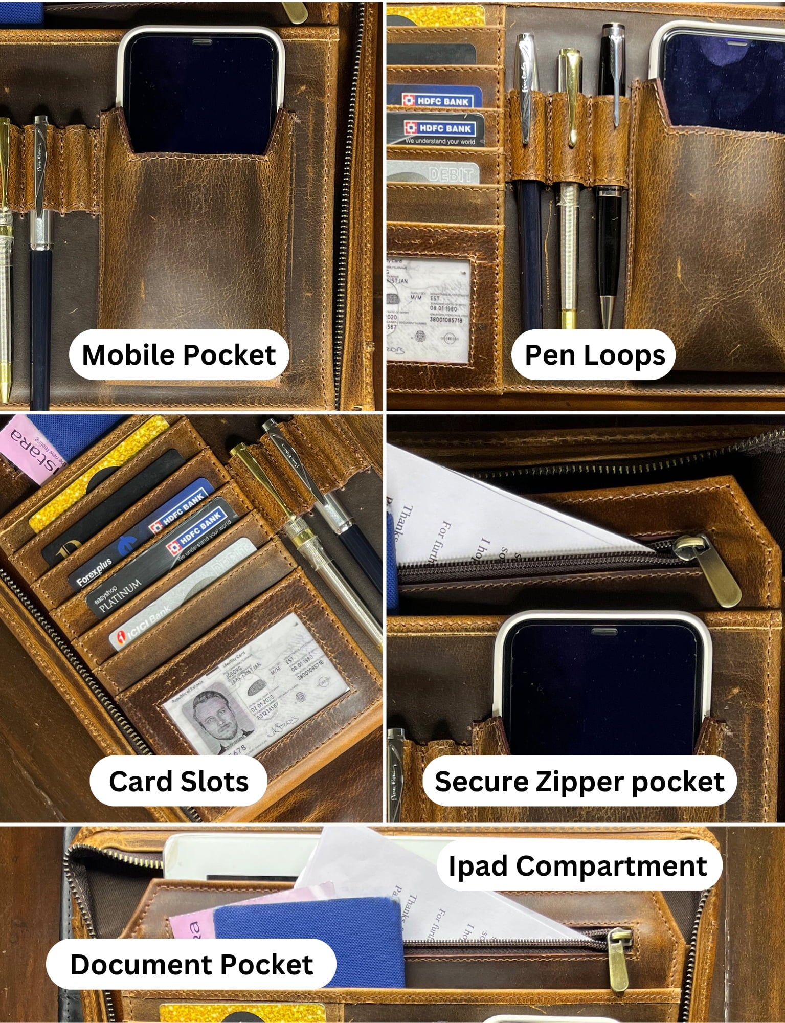 Leather Portfolio for Men - Full Grain Leather Padfolio File Folder - Zipper Folio Documents Organizer - Professional... - Image 4