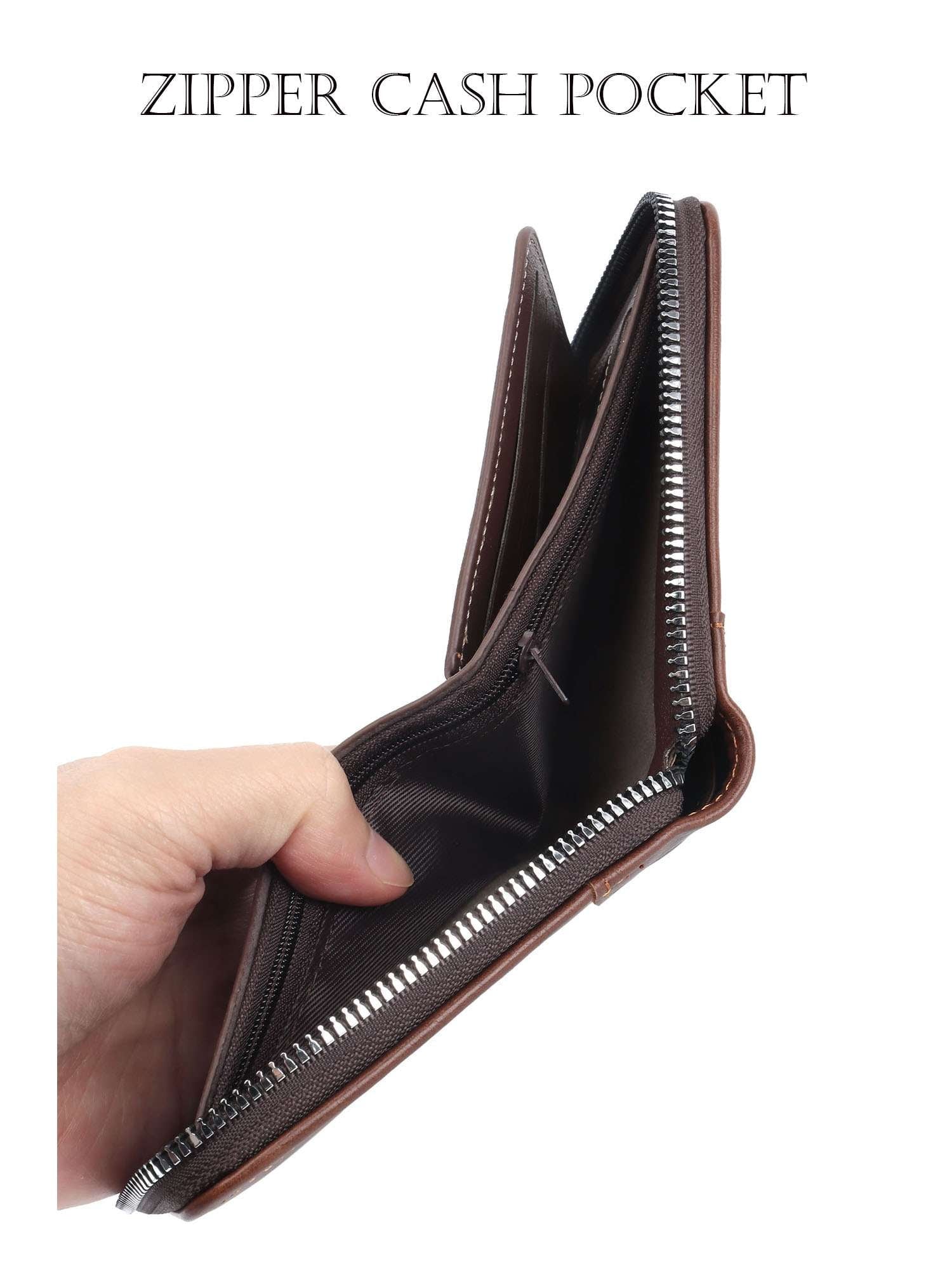 Genuine Leather Wallet for Men Bifold Credit Card Holder Zipper Purse Black - Image 6