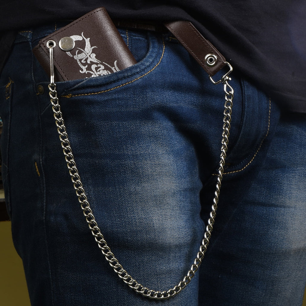 Genuine Leather Men Motorcycle Trifold Wallet Chain Biker, Dark Brown - Image 4