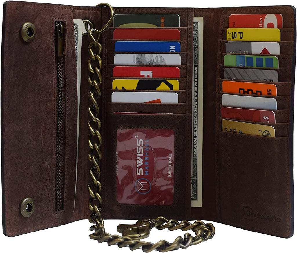 USA Motorcycle Chain Wallet for Men 100% Natural Genuine Leather, Long Trifold RFID Blocking, Credit Card Money Organ... - Image 3