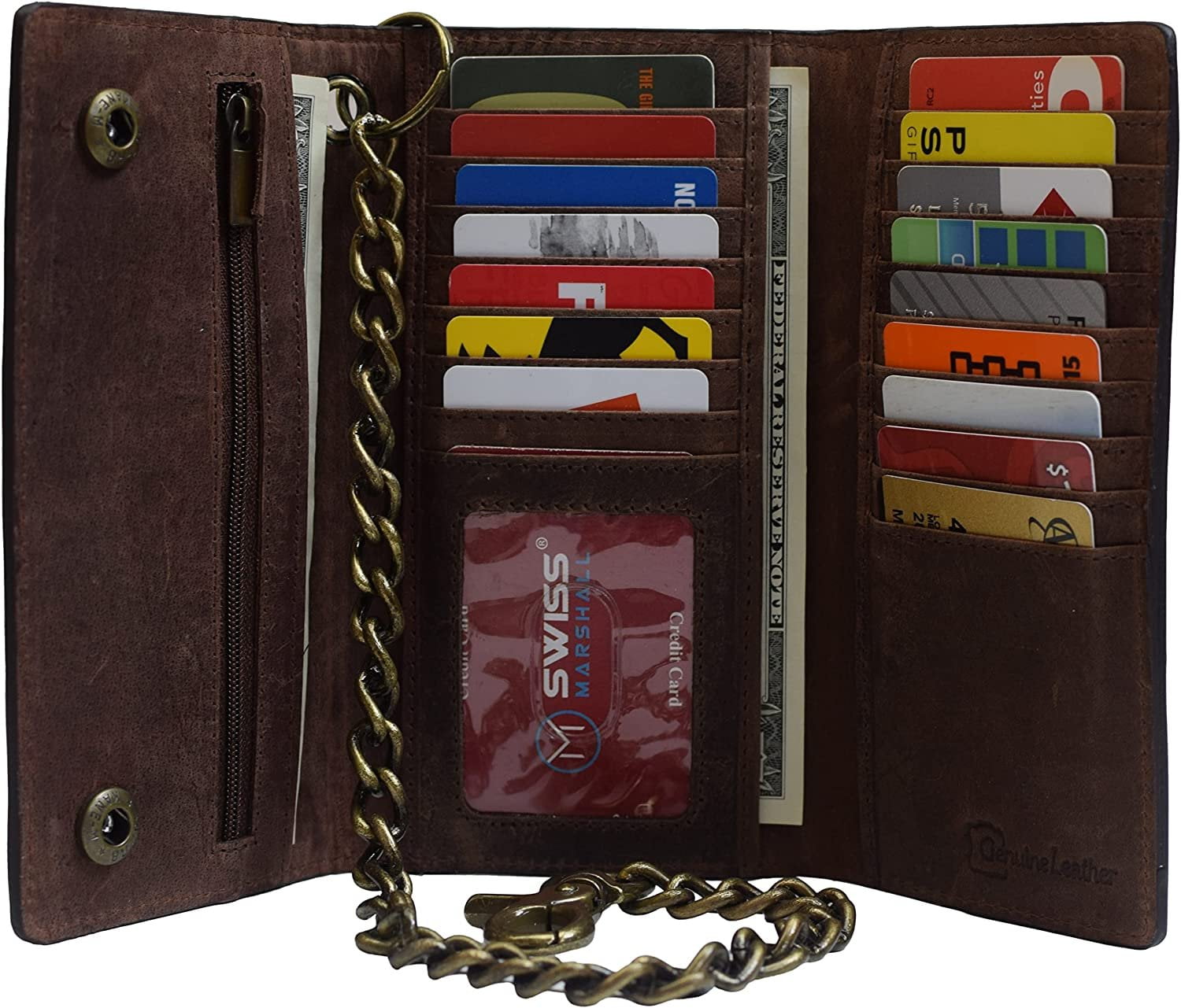 USA Motorcycle Chain Wallet for Men 100% Natural Genuine Leather, Long Trifold RFID Blocking, Credit Card Money Organ... - Image 3