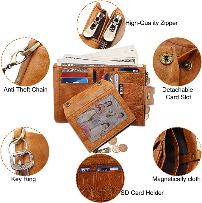 Mens Wallet RFID Blocking Genuine Leather Wallets Mens with Chain and Zip Coin Pocket,Brown - Image 5