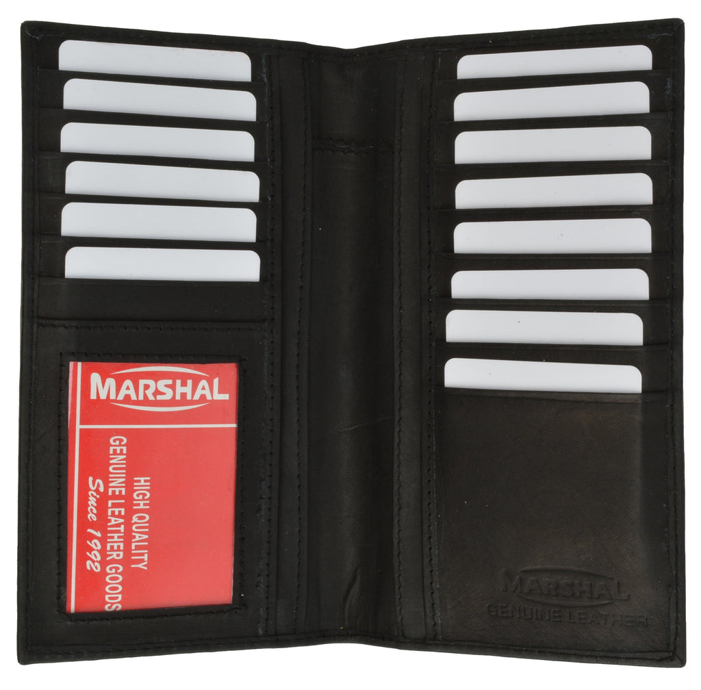 Mens Leather Long Wallet Pockets ID Card Clutch Bifold Purse, Black