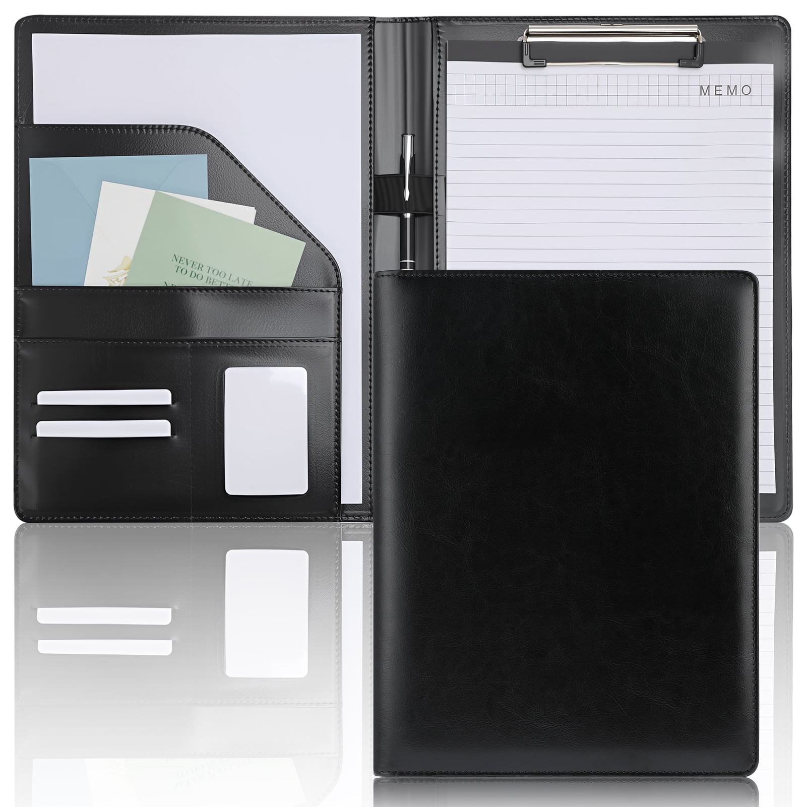sixwipe Leather Portfolio Clipboard Folder, Business Resume Clipboard Binder Portfolio Folder with Writing Pad for A4 Document Organizer Off